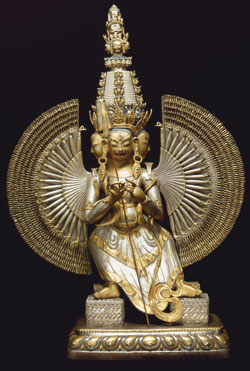 Sitatapatra has a thousand heads, arms, and legs, accentuating her inconquerability. Sitatapatra, Tibet, mid-eighteenth century, gilt bronze inset with turquoise and coral, height 40 inches; photo © John Bigelow Taylor