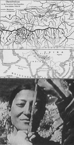 (Top) A German map of Tibet shows the route that the 1939 German expedition to Tibet followed between Sikkim and Lhasa. the British authorities in India, bowing to diplomatic pressure, did not prevent the expedition from crossing the border into Tibet. (Bottom): Bruno Beger, the expdition's anthropologist, hoped to find evidence of Aryan blood in the Tibetan people. here a member of the expedition measures a Tibetan woman's head. Some German scientists believed that Aryan features were reflected in the dimensions of the skull. © Transit Films GMBH