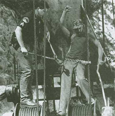 Earth First! activist chained to yarder, Siskiyou National Forest, Oregon.