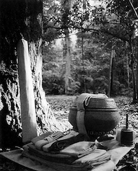 A forest monk's basic requisites: robes, alms bowl, water strainer. Courtesy Abhayagiri Buddhist Monastery.