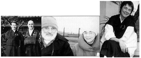 Image 1: From left to right: Roshi Bernie Glassman and Jishu Holmes at Soji-ji, in Japan, circa 1994; at Birkenau, 1997; Jishu at UCLA, circa 1993.