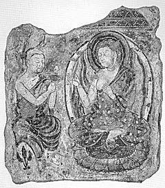 Scene of the Buddha's First Sermon, wall painting, Kinnari Cave, Kumtura, China, 8th-9th century CE. Courtesy Staatliche Museen zu Berlin- Preubischer Kulturbesitz, Museum fur Indische Kunst