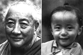 Dilgo Khyentse Rinpoche and his lookalike reincarnation, age three, Ugyen Tenzin Jigme Lhundrup. Courtesy Matthieu Richard.