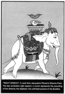 Image 2: "Right Speech": A card from Jacqueline Pitman's Dharma Pack. The lips symbolize right speech; a conch represents the sounding of the dharma; the elephant, the unlimited powers of the Buddha. © Jacqueline Pitman.