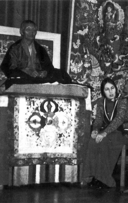 Kalu Rinpoche in Denmark with June Campbell translating, 1977. Courtesy June Campbell.