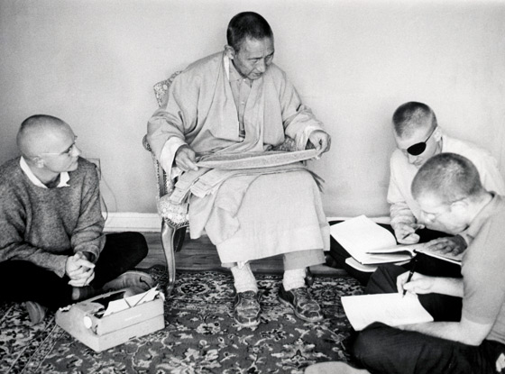 Jeffrey Hopkins, Geshe Ngawang Wangyal, Robert Thurman, and Christopher George in Tibetan translation class at the Lamaist Buddhist Monastery of America, 1963. Bettman/Corbis/Associated Press.
