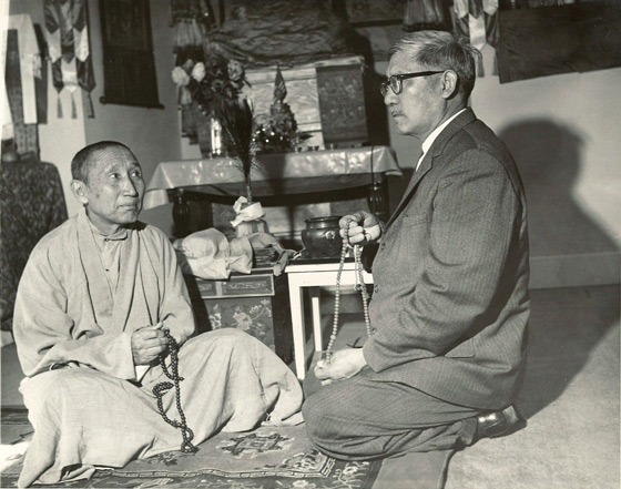 Geshe Ngawang Wangyal and a boyhood friend from Kalmykia, Dorji Purview, in the new altar room of the Lamaist Buddhist Monastery of America, 1964. Courtesy of the author.