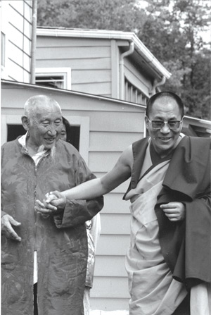Geshe Ngawang Wangyal with the 14th Dalai Lama during His Holiness's second visit to the Lamaist Buddhist Monastery of America, August 1981. Courtesy of the author.