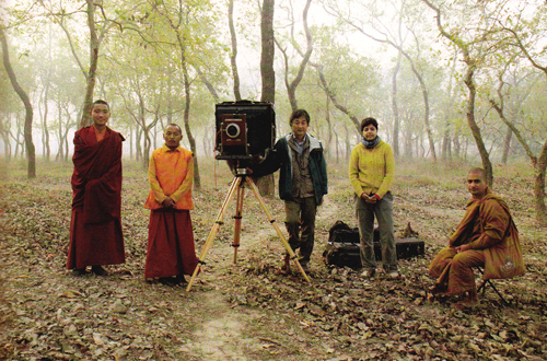 Photographer Kenro Izu (center) in Lumbini, Nepal, 2009, with Tibetan and Nepalese monks and his Indian assistant. Photograph courtesy of Kenro Izu