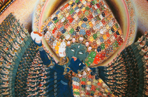 Details of Surrendra Man Sakya's Vishvarupa Lokeshvara, the most complex deity in the Newar Buddhist pantheon. The deity and consort each have a thousand heads and arms, with each hand holding a different deity or attribute; courtesy of Robert Beer