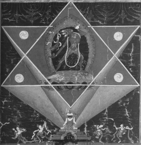 Naro Kachodma (Naropa's skydancer), tanka painting (detail), Eastern Tibet, eighteenth century. The three corners of one pyramid represent the three marks of existence: suffering, impermanence, and egolessness. The three corners of the other pyramid represent the three gates of liberation: wishlessness, signlessness, and emptiness. Courtesy of Mokotoff Asian Arts, NY.