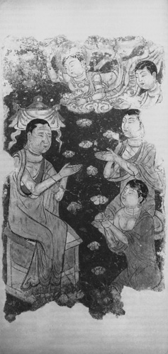 Fragment of a wall painting (Ming-oi, China, Uighur period, eighth to ninth century C.E.), depicting monks listening to a dharma talk. In the sky above, an apsaras, or celestial nymph, brings a writing brush.