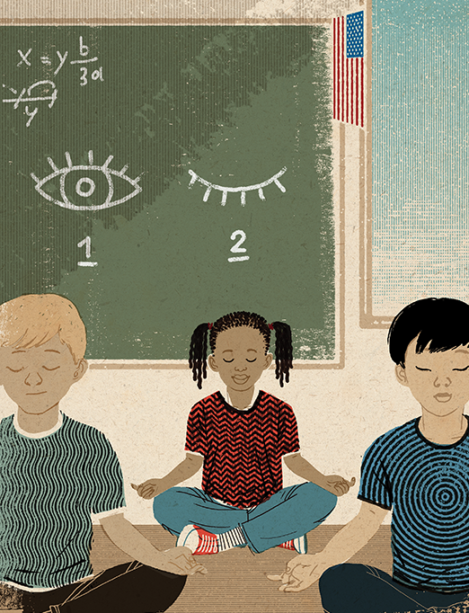 Illustrations of young students meditating in class