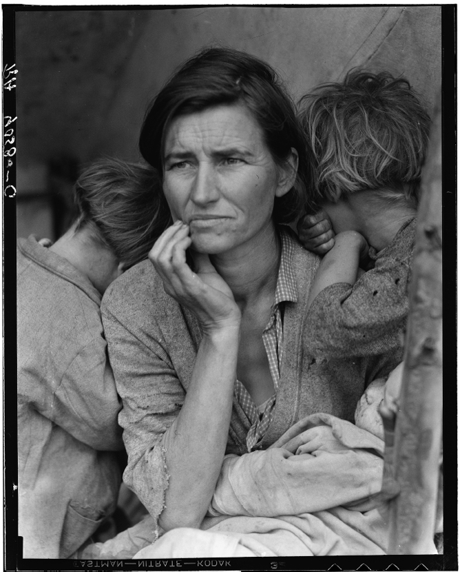 Destitute pea pickers in Nipomo, California, during the Great Depression. Mother of seven children, age 32.