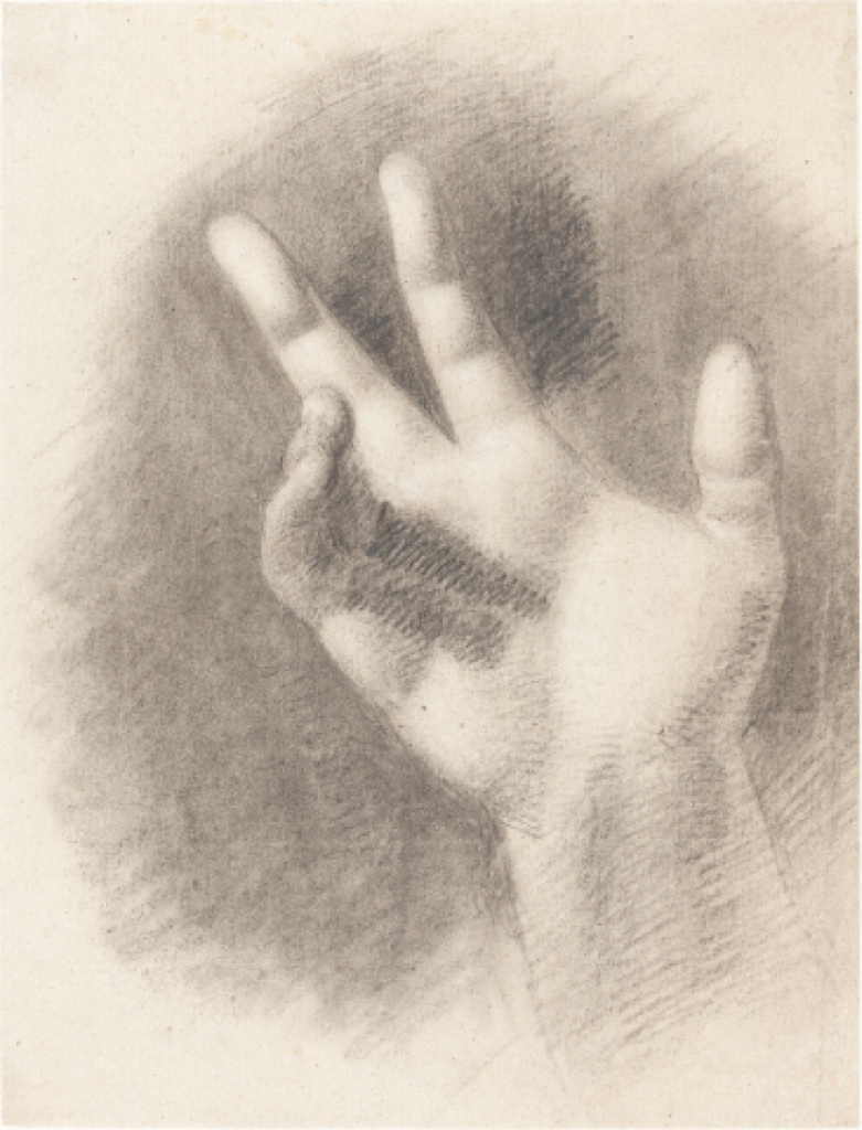 Study of a Right Hand [recto] by Benjamin Robert Haydon (1786–1846). Charcoal heightened with white on laid paper, 10 3/16 x 7 11/16 in. Gift of William B. O’Neal, 1995. Courtesy National Gallery of Art.