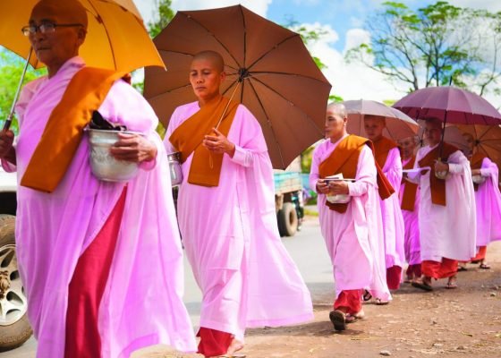 buddhist nuns in pink robes for a story on bhikkhuni ordination