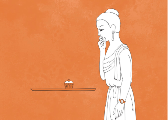 illustration of buddha looking at a cupcake, story on the buddha's diet