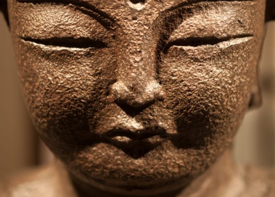 close up of the face of a buddhist sculpture