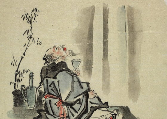 Tang dynasty poet Li Po drinking by a river, story on the ancient art imbibing
