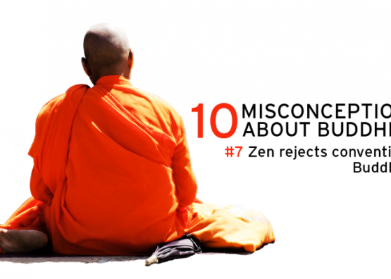 monk in orange robes. text reads 10 misconceptions about buddhism, zen monks reject conventional buddhism