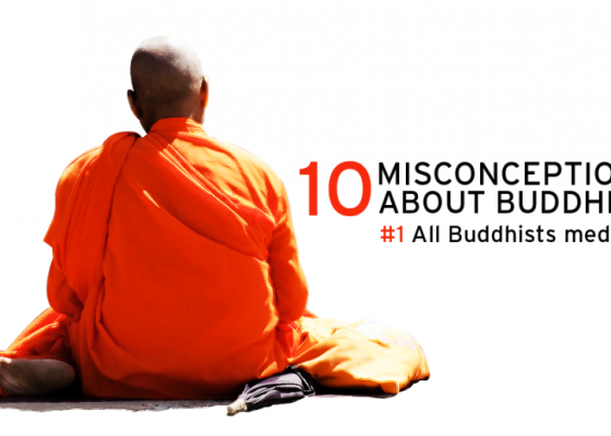 image of a Buddhist monk in orange robes with text that reads "10 misconceptions about buddhism, #1 all buddhists meditate," misconception buddhism