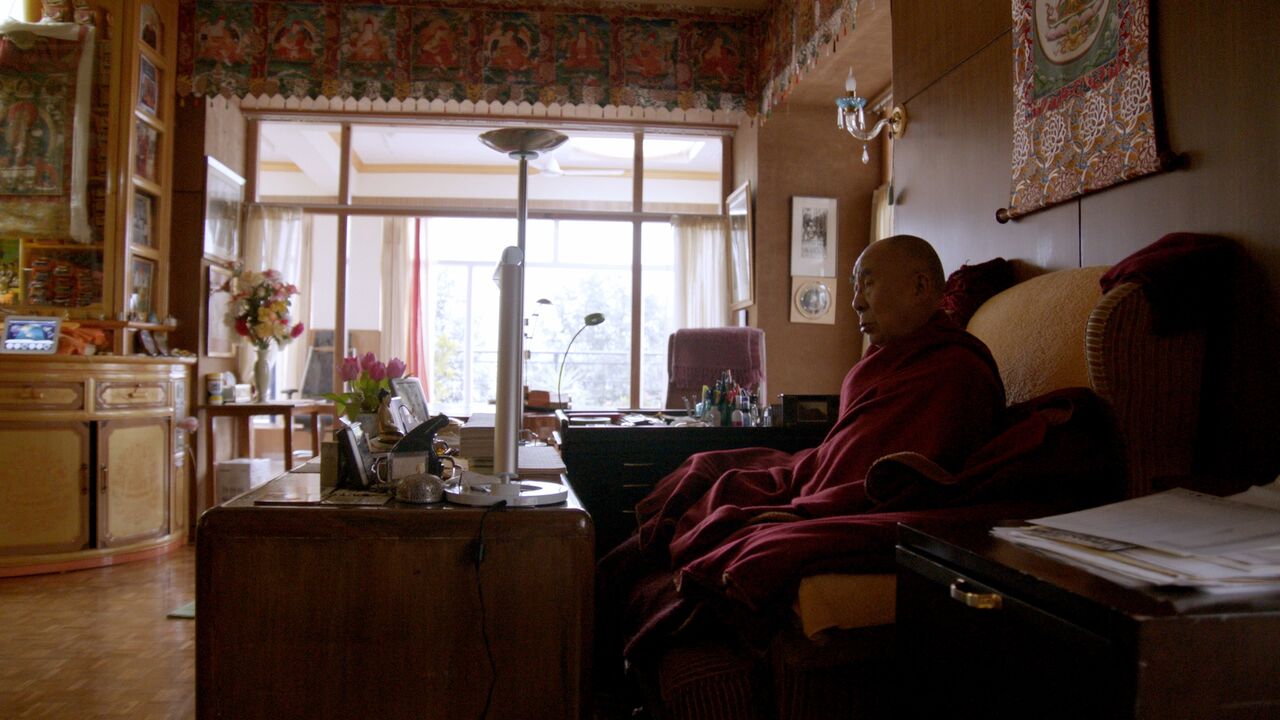 dalai lama meditating in his private meditation room in dharamsala