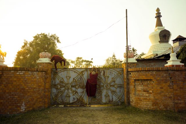 Monks climbing gate