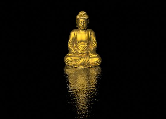 Golden Buddha reflected in water, right concentration