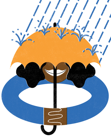 cartoon woman with umbrella and rain coming down; brief teachings summer 2018