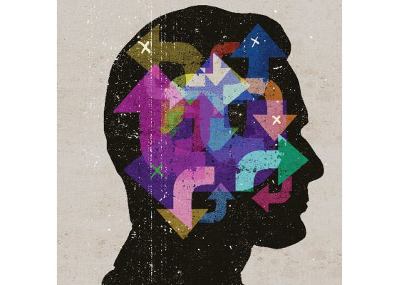 Abstract image of a person's head filled with colorful arrows; conscious decision making