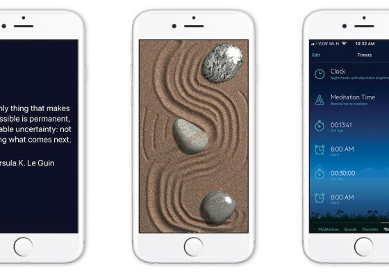 Meditation app screenshots for WeCroak, Sand Garden, and Relax Meditation
