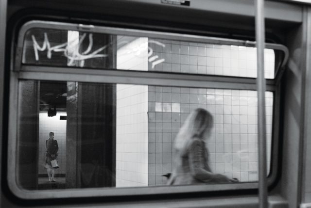A girl leaves the subway