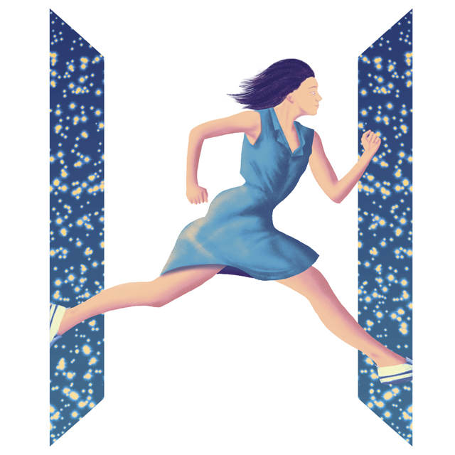 Woman running between starlit doors brief teachings fall 2018