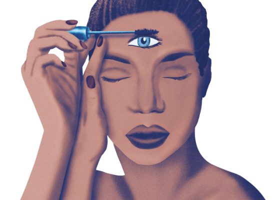 Woman applying mascara makeup to third eye brief teachings fall 2018