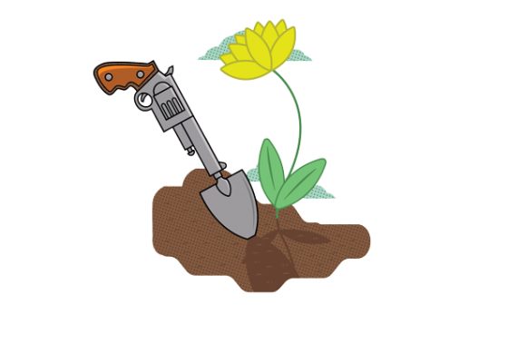 gardening shovel shaped like a gun, digging into earth next to a flower, alchemy for regeneration