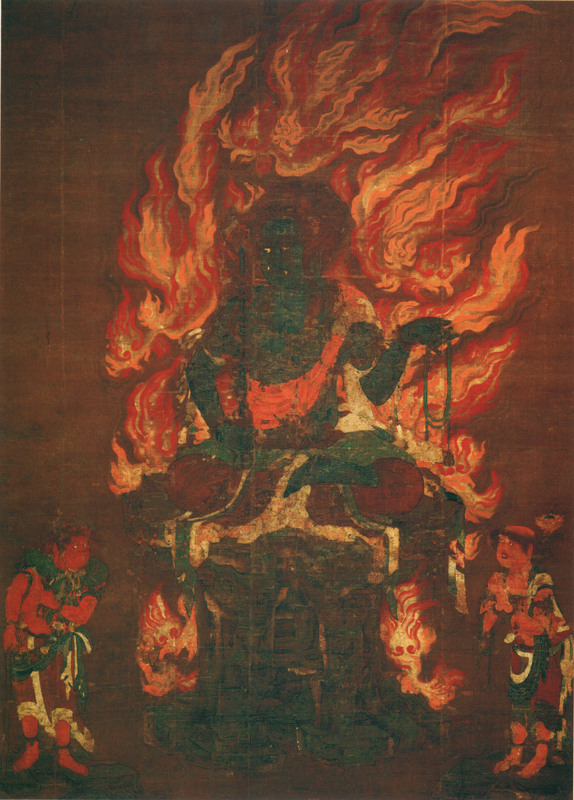painting of blue fudo surrounded by flames