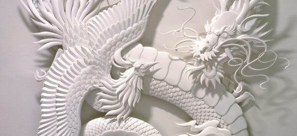 Paper sculptures of phoenix and dragon, psychotherapy and buddhism