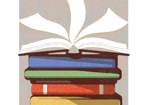 Illustration of book pages turning on top of a pile of books