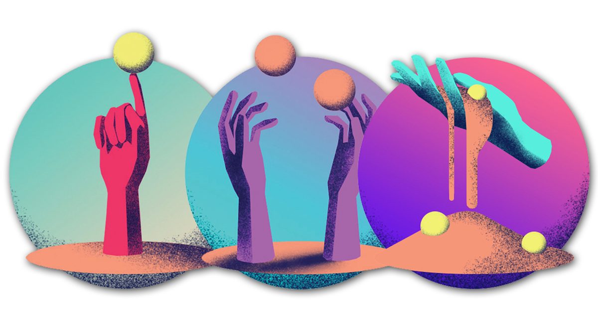 illustrations of three pairs of hands juggling balls