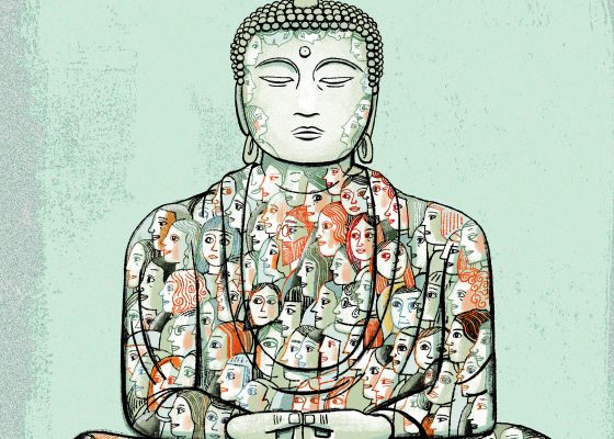 Illustration of Buddha covered in many faces