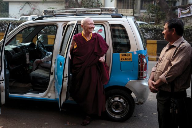 venerable karma lekshe tsomo getting out of a taxi in mumbai