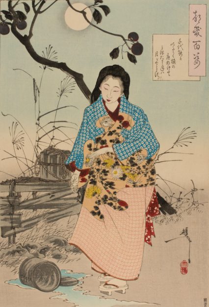 Woodblock print of Lady Chiyo and the Broken Water Bucket by Yoshitoshi