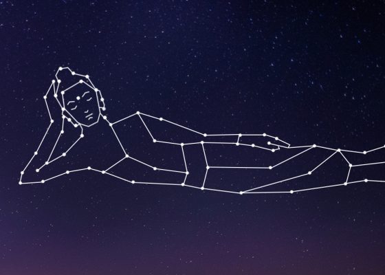 Reclining Buddha constellation on a dark blue night sky