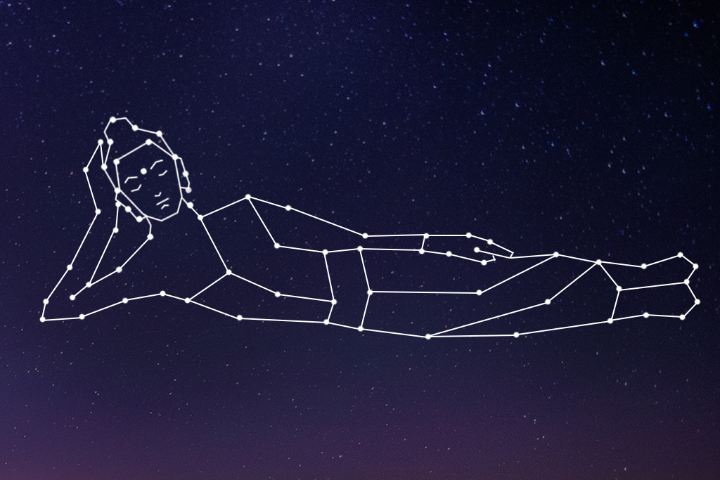 Reclining Buddha constellation on a dark blue night sky