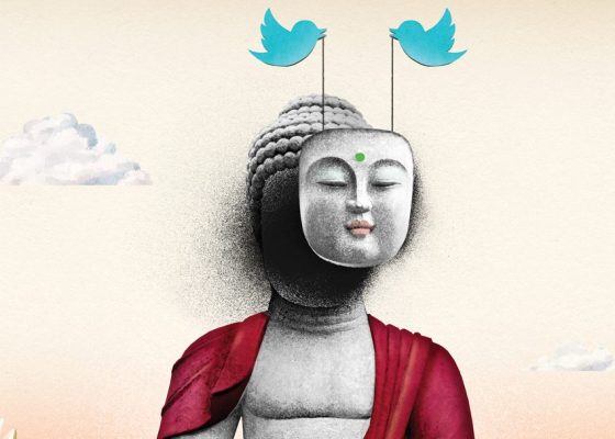 Buddha statue being defaced by Twitter birds