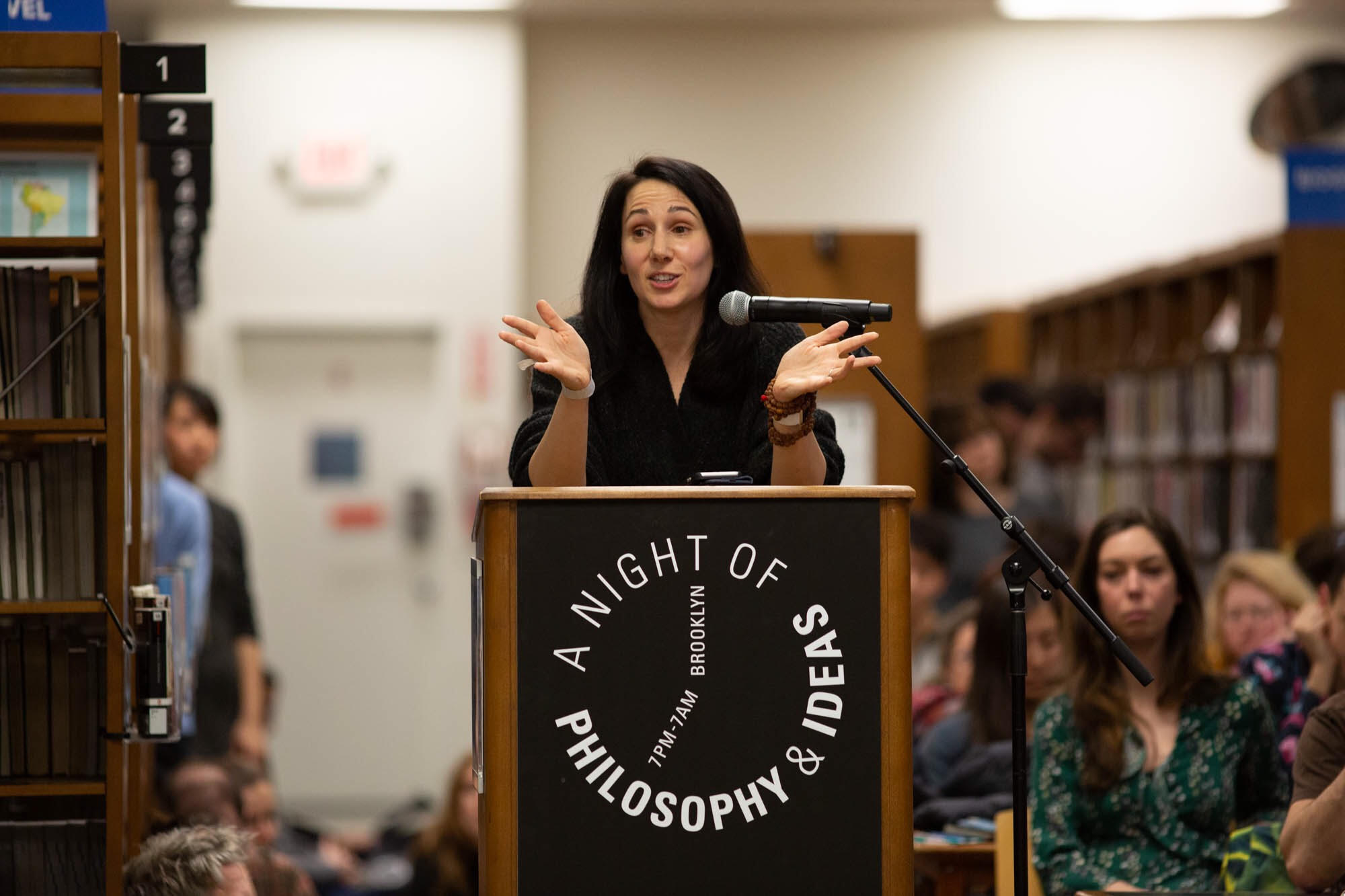 Mindy Newman speaking at the Brooklyn Public Library