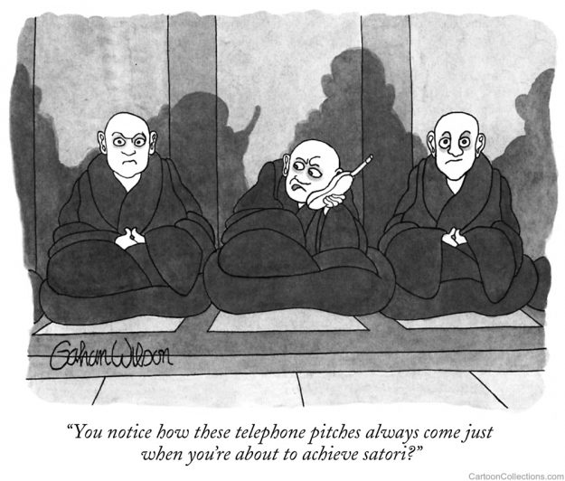 Comic drawing of Zen monks on the phone