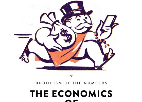 Illustration of Monopoly man in robes carrying money bags and smart phone indicating meditation app profits