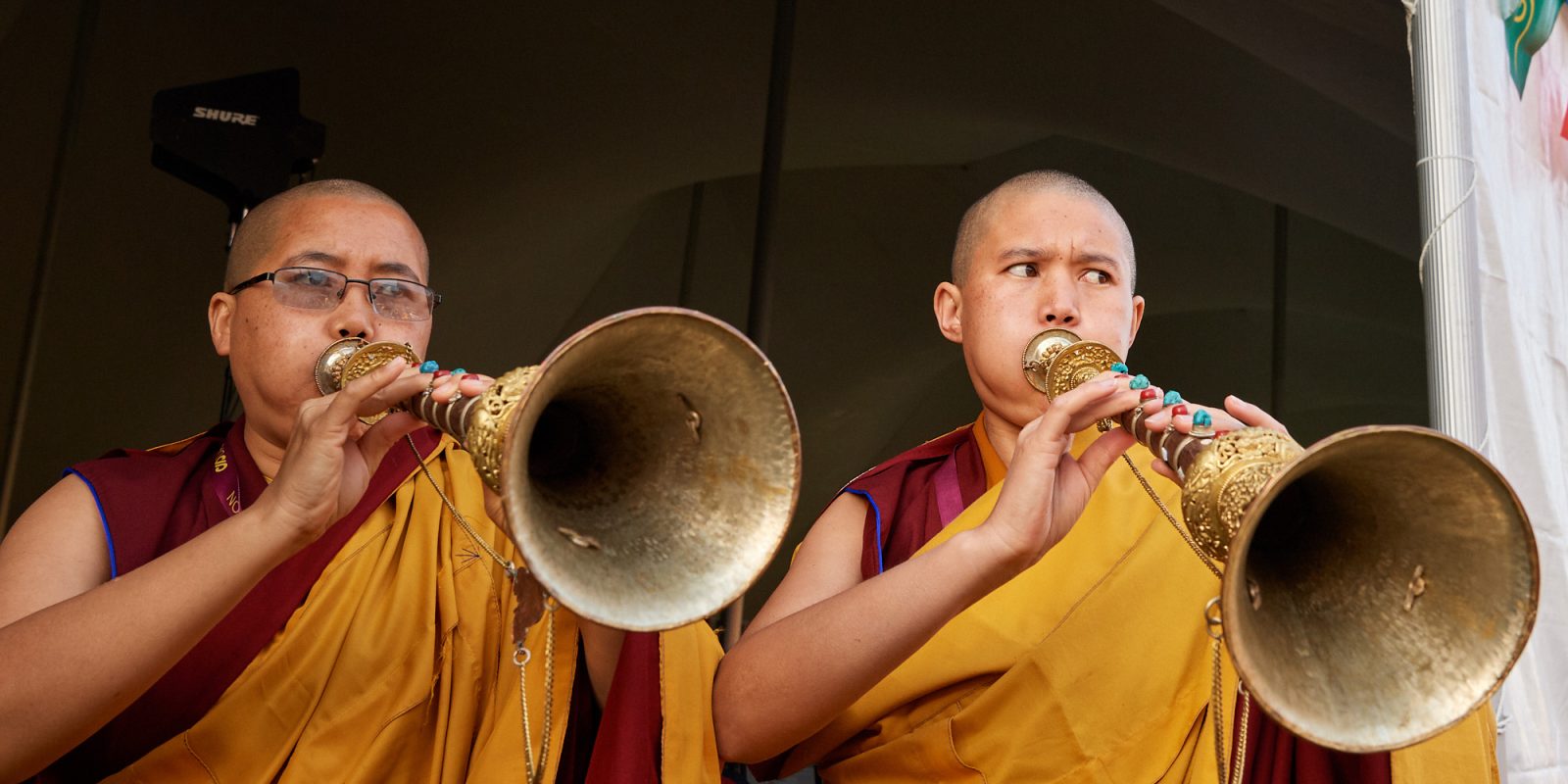 Monks play the gyaling, a Tibetan horn - religious sounds project
