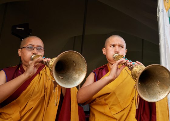Monks play the gyaling, a Tibetan horn - religious sounds project